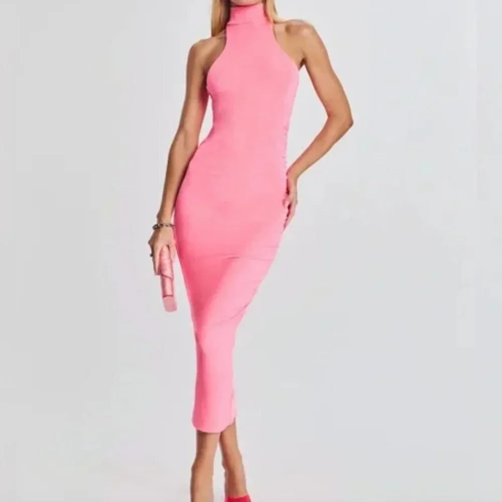 SER.O.YA Neon Pink Delta Bodycon Sleeveless Midi Turtleneck Jersey Dress S NWT